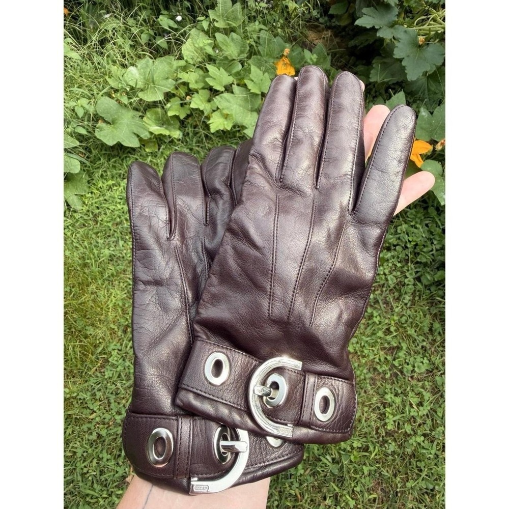 Y2K COACH Brown Leather Gloves with Silver Buckle Detail